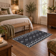 charcoal gray minimal diamond pattern area rug, cozy home setting