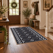 charcoal gray minimal diamond pattern area rug, wood floor styling