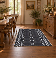 charcoal gray minimal diamond pattern area rug, close decorative detail