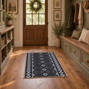 charcoal gray minimal diamond pattern area rug, front room mockup
