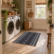 charcoal gray minimal diamond pattern area rug, wide interior view