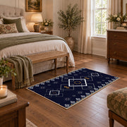 navy blue square geometric pattern area rug, cozy home setting