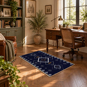 navy blue square geometric pattern area rug, complete product view