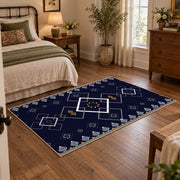 navy blue square geometric pattern area rug, full pattern view