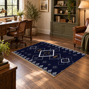 navy blue square geometric pattern area rug, soft surface detail