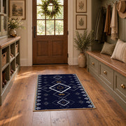 navy blue square geometric pattern area rug, front room mockup