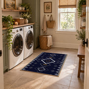 navy blue square geometric pattern area rug, wide interior view