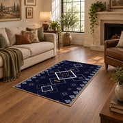 navy blue square geometric pattern area rug, ornamental detail view
