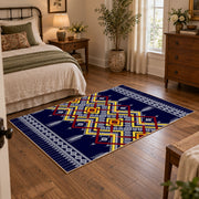 navy and multicolor tribal maze pattern area rug, soft surface detail