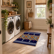 navy and multicolor tribal maze pattern area rug, wide interior view