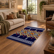 navy and multicolor tribal maze pattern area rug, ornamental detail view