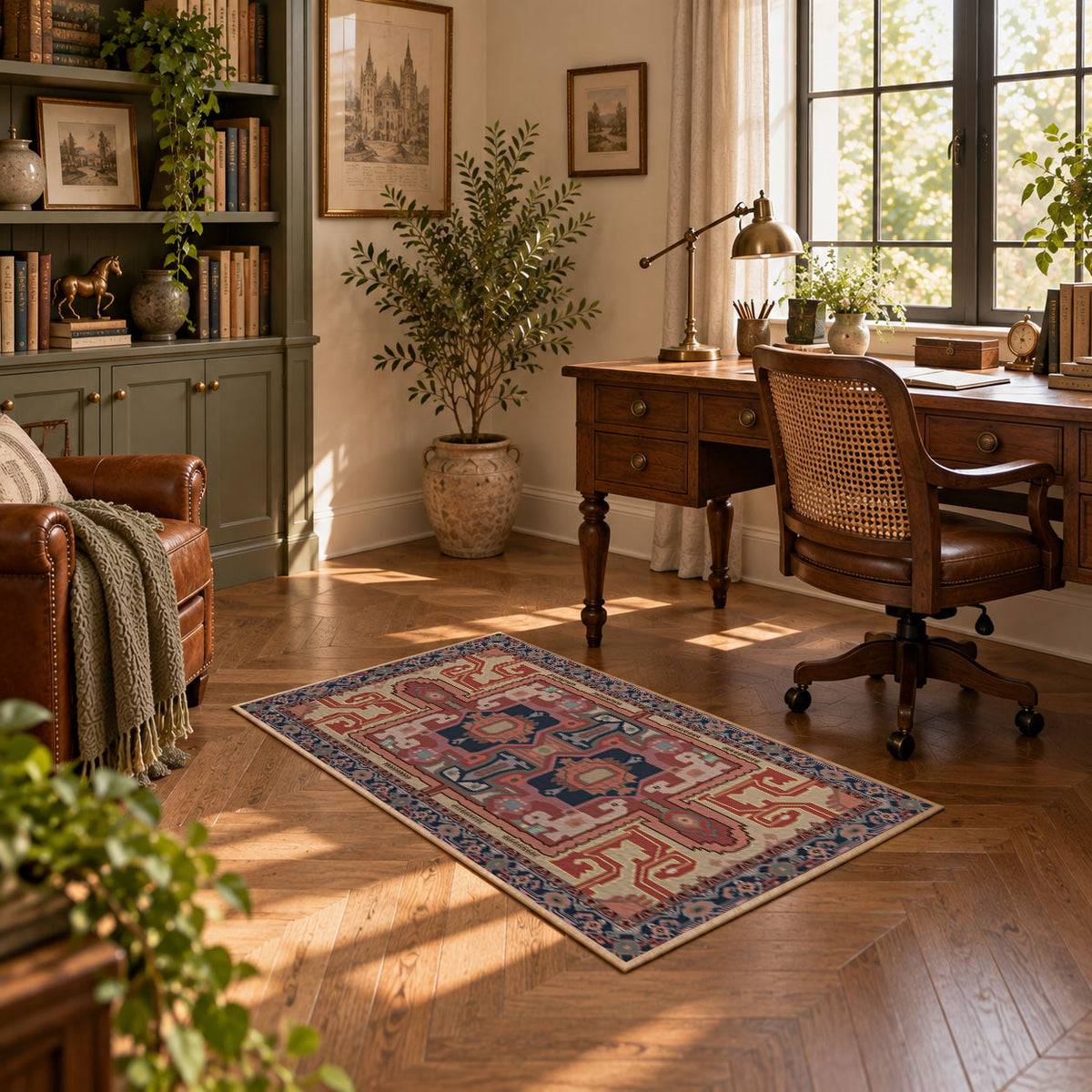 terracotta and blue distressed tribal pattern area rug, warm living room view