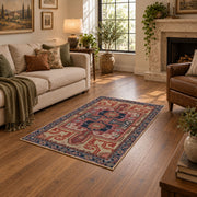 terracotta and blue distressed tribal pattern area rug, cozy home setting