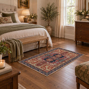 terracotta and blue distressed tribal pattern area rug, complete product view