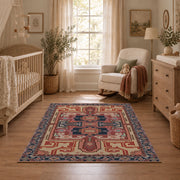 terracotta and blue distressed tribal pattern area rug, full pattern view