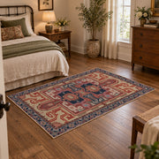 terracotta and blue distressed tribal pattern area rug, soft surface detail