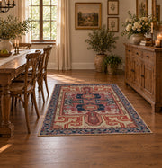 terracotta and blue distressed tribal pattern area rug, front room mockup