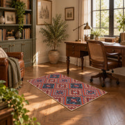 red and blue kilim patchwork pattern area rug, complete product view