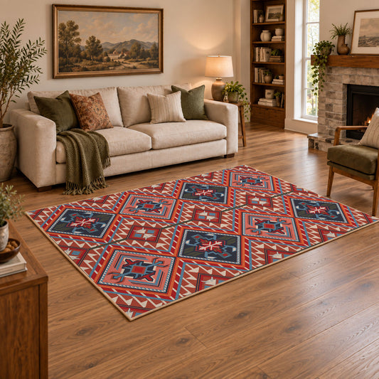 red and blue kilim patchwork pattern area rug, angled room view