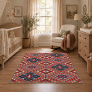 red and blue kilim patchwork pattern area rug, full pattern view