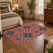 red and blue kilim patchwork pattern area rug, soft surface detail