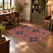 red and blue kilim patchwork pattern area rug, wood floor styling