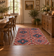 red and blue kilim patchwork pattern area rug, front room mockup