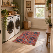 red and blue kilim patchwork pattern area rug, wide interior view