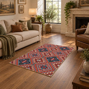 red and blue kilim patchwork pattern area rug, ornamental detail view