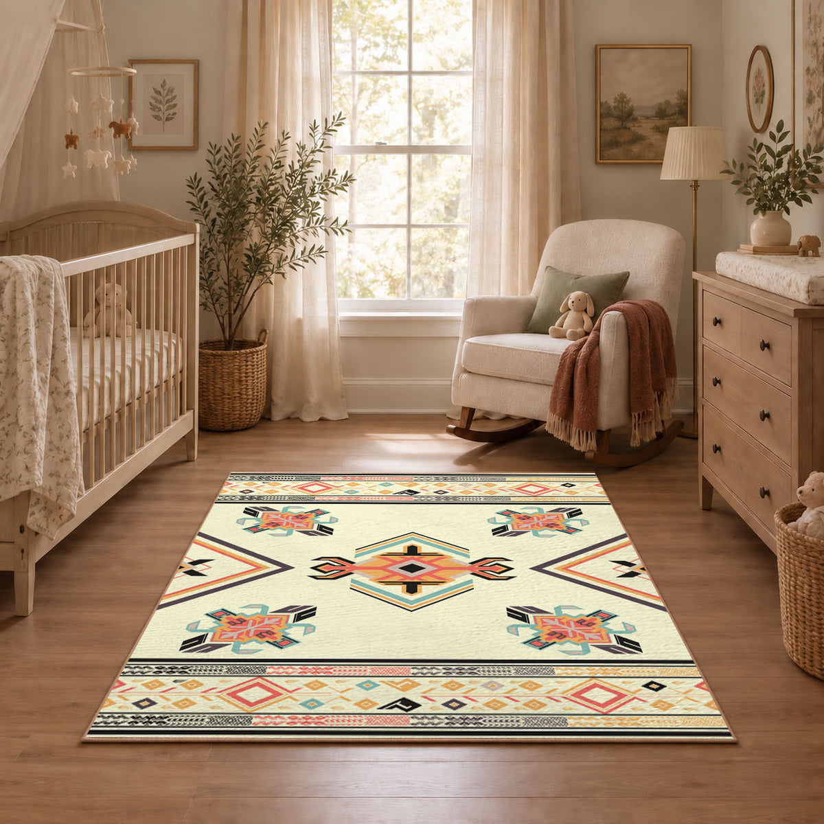 cream and multicolor folk botanical pattern area rug, warm living room view