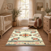 cream and multicolor folk botanical pattern area rug, warm living room view