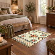 cream and multicolor folk botanical pattern area rug, cozy home setting
