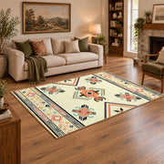 cream and multicolor folk botanical pattern area rug, angled room view