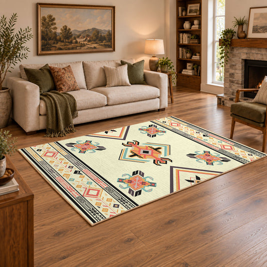 cream and multicolor folk botanical pattern area rug, angled room view