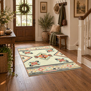 cream and multicolor folk botanical pattern area rug, wood floor styling