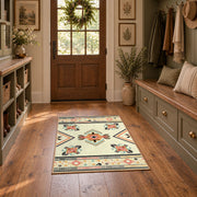 cream and multicolor folk botanical pattern area rug, front room mockup