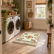 cream and multicolor folk botanical pattern area rug, wide interior view