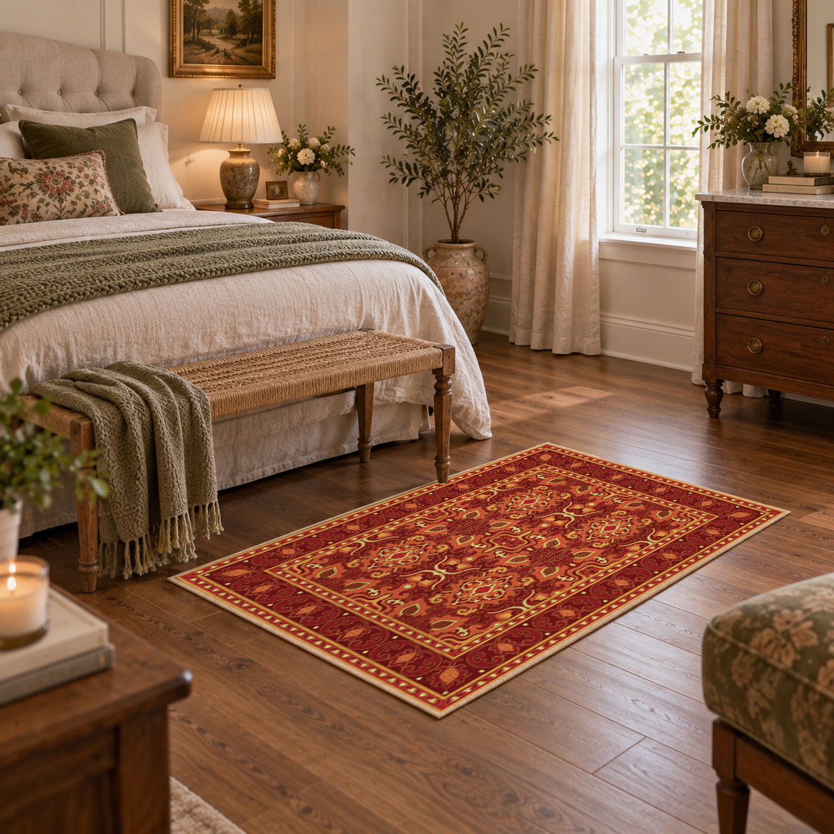 burnt orange traditional ornamental border area rug, warm living room view