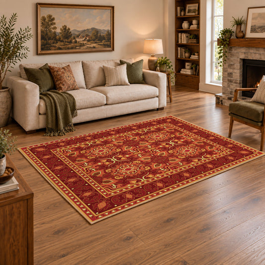 burnt orange traditional ornamental border area rug, angled room view