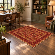 burnt orange traditional ornamental border area rug, wood floor styling