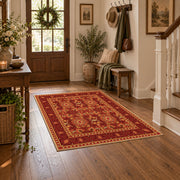 burnt orange traditional ornamental border area rug, close decorative detail