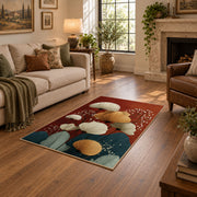 red and teal balanced stone composition area rug, cozy home setting