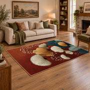 red and teal balanced stone composition area rug, angled room view