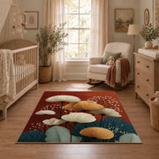 red and teal balanced stone composition area rug, full pattern view