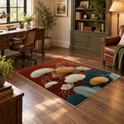 red and teal balanced stone composition area rug, wood floor styling