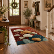 red and teal balanced stone composition area rug, close decorative detail