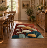 red and teal balanced stone composition area rug, front room mockup
