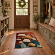 red and teal balanced stone composition area rug, wide interior view