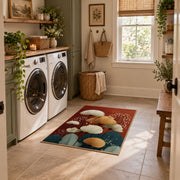 red and teal balanced stone composition area rug, ornamental detail view