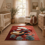 terracotta and teal balanced stone composition area rug, warm living room view